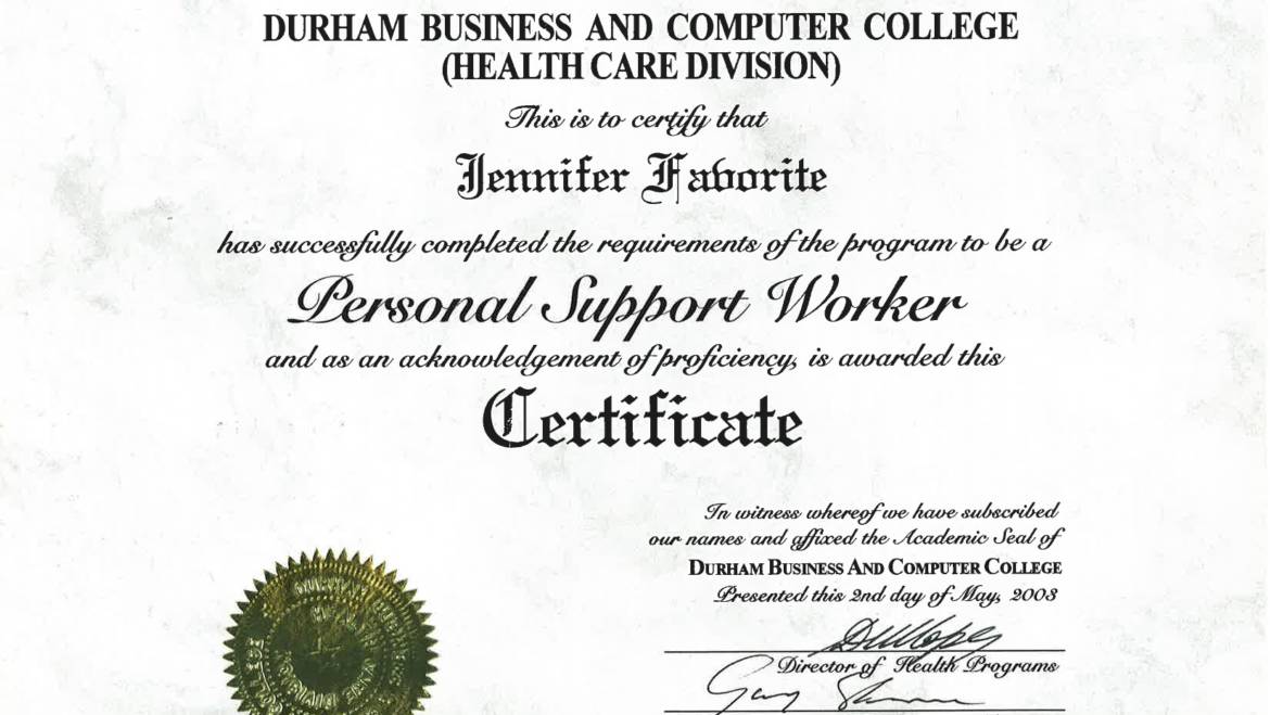 Certificate of Achievement – Durham Business and Computer College