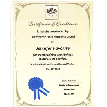 Certificate of Excellence – Hawthorne Place Residents Council