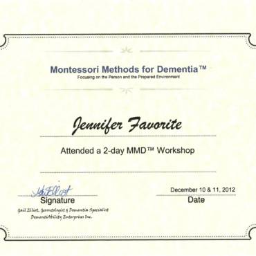 Certificate of Participation – Montessori Methods for Dementia