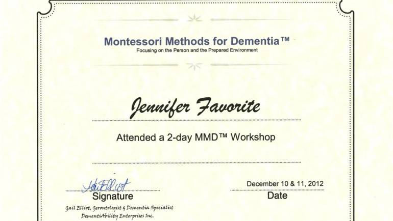 Certificate of Participation – Montessori Methods for Dementia