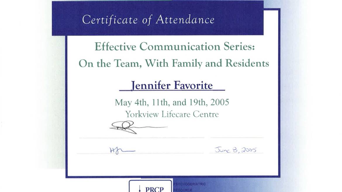 Certificate Of Attendance – Yorkview Lifecare Centre
