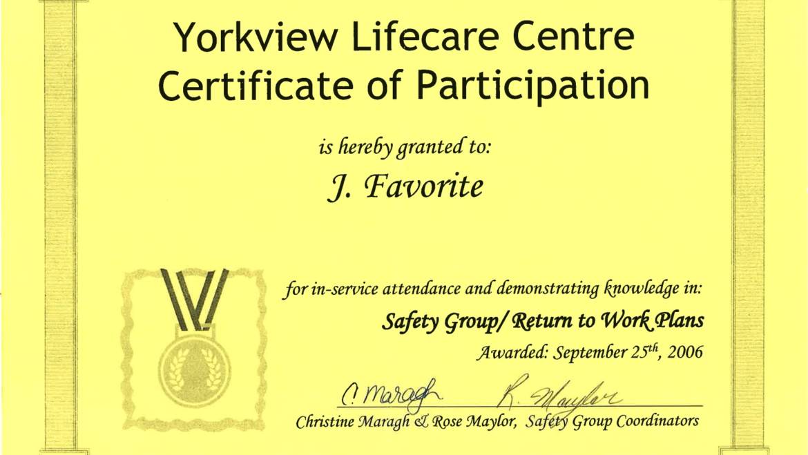 Certificate Of Participation – Yorkview Lifecare Centre